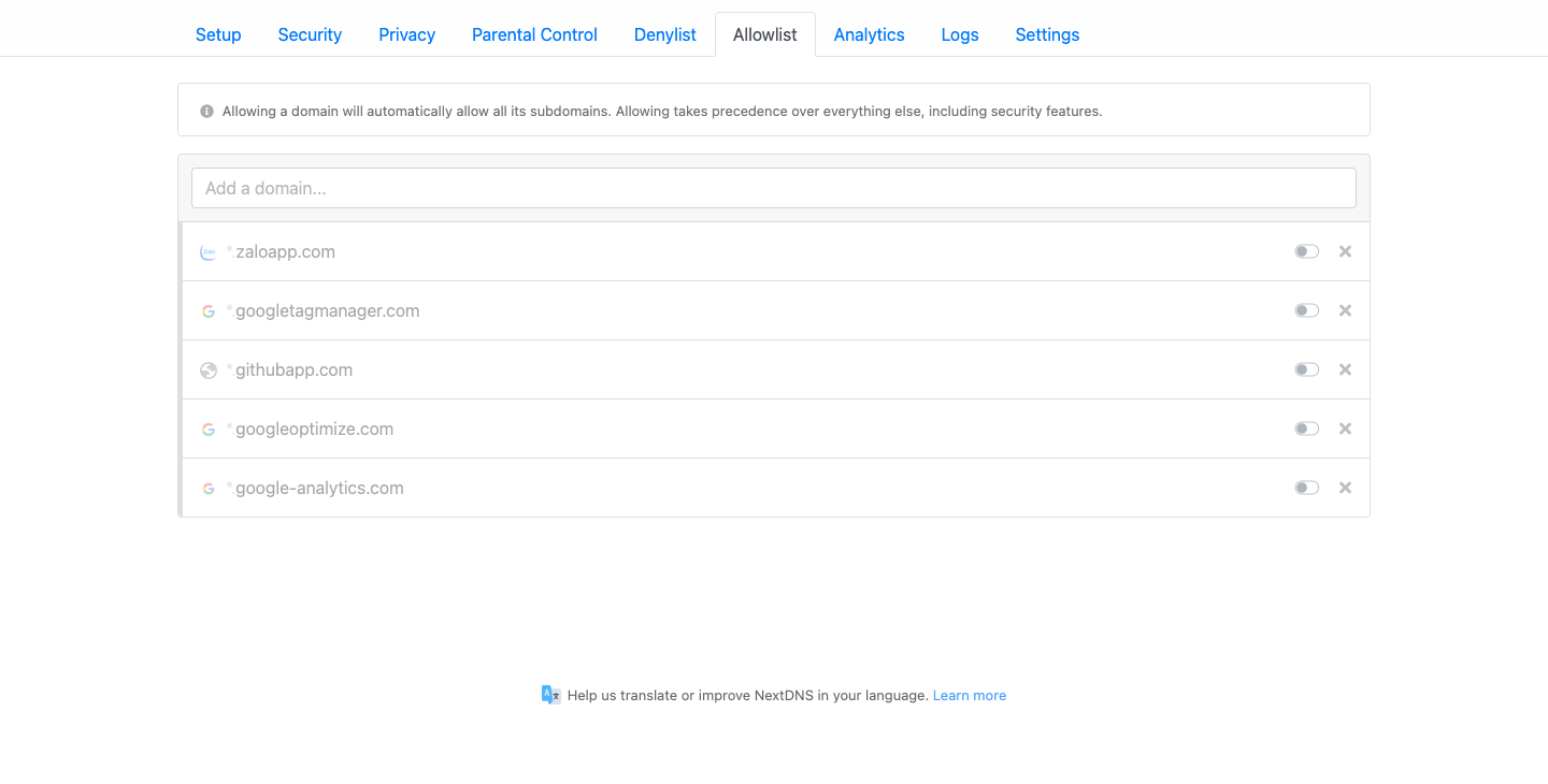 Cấu hình chức năng cho phép tên miền trên NextDNS