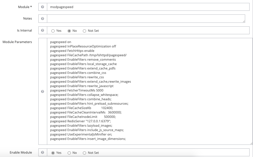 Thêm Module PageSpeed vào Modules Parameters