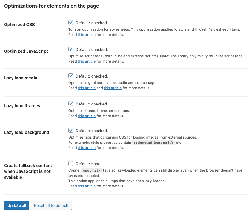 Optimizations for elements on the page